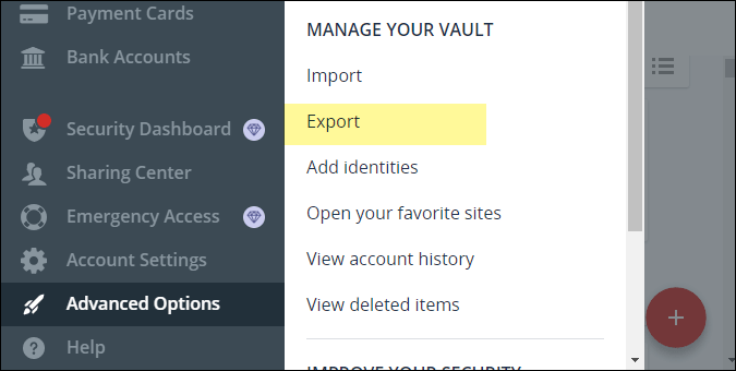 Export from the Advanced Options 