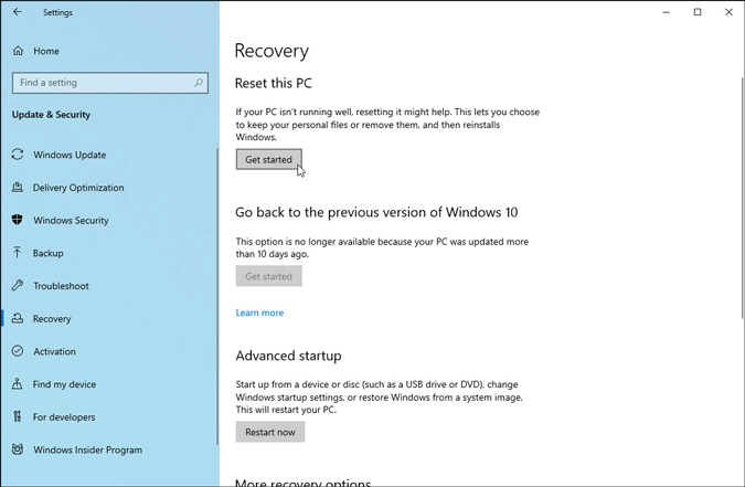 Get started button in windows settings