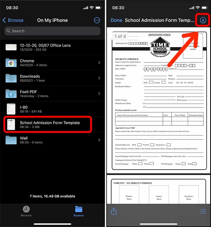 Markup tool to fill PDF form on iPhone