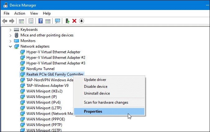 Network driver properties in device manager