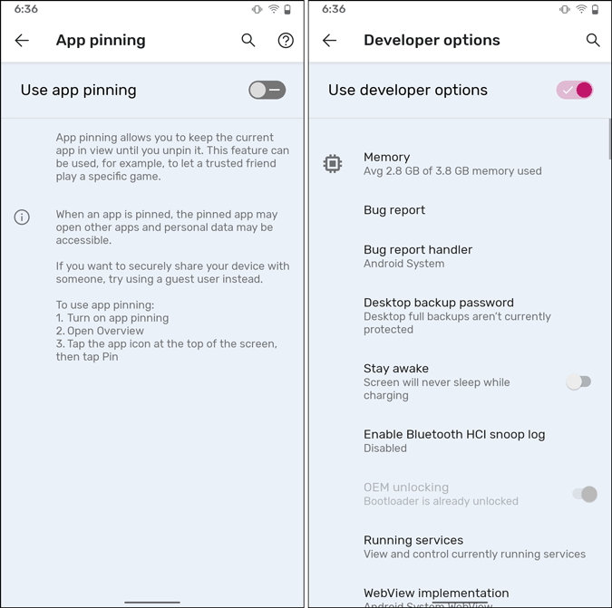 Use developer options Android 12