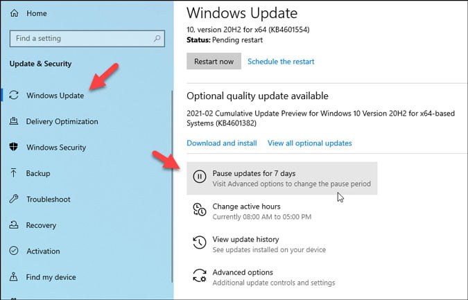 Pause Windows 10 update option