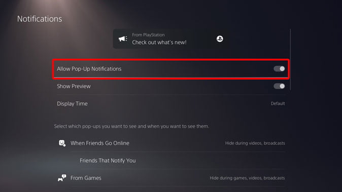Disable pop-up notifications on PS5