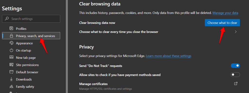 Edge browser data privacy options