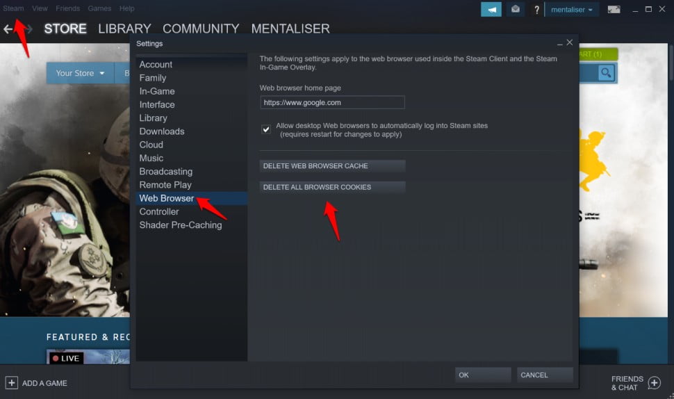 Deleting browser cache and cookies in the steam client