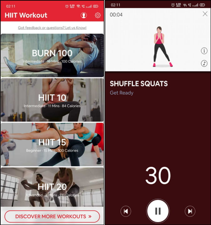 HIIT workouts and timer app user interface