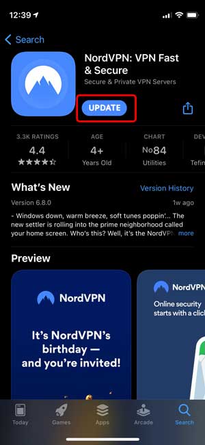 Updating VPN app in the app store
