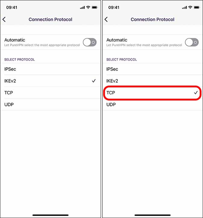 Connection protocol in the VPN app from IKE to TCP