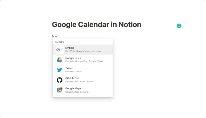 Embed google calendar in the notion