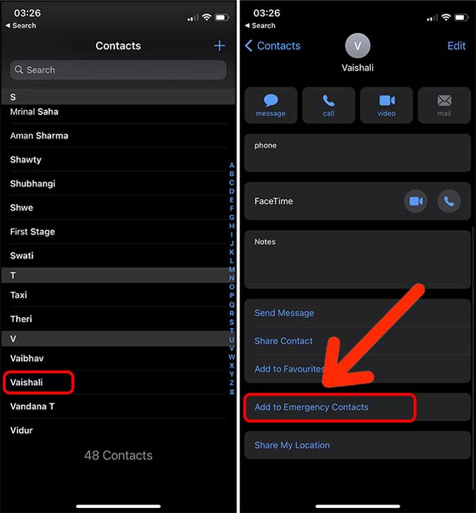 Adding a contact to Emergency contacts