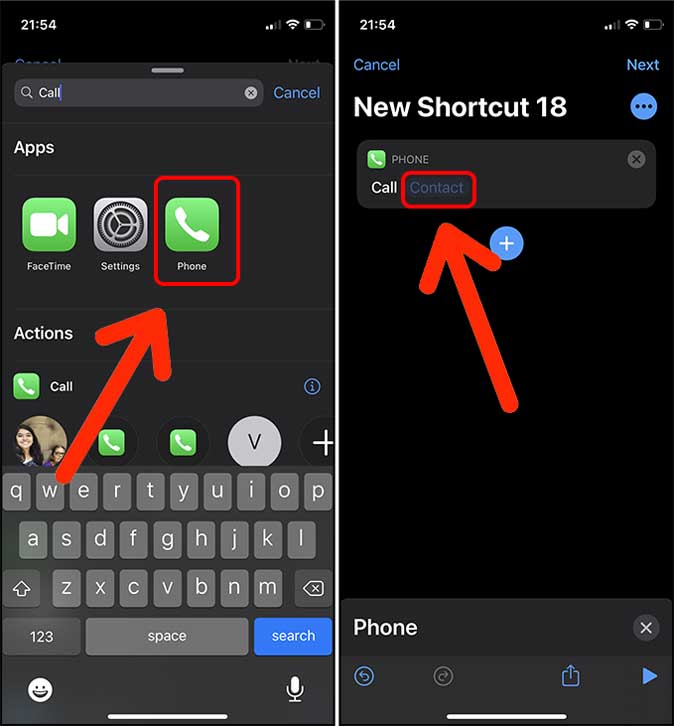 Select Call or FaceTime action in Shortcuts on iOS