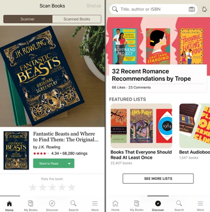 The user interface of the Goodreads app