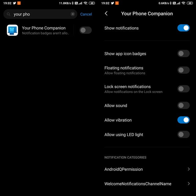Settings for mobile notifications