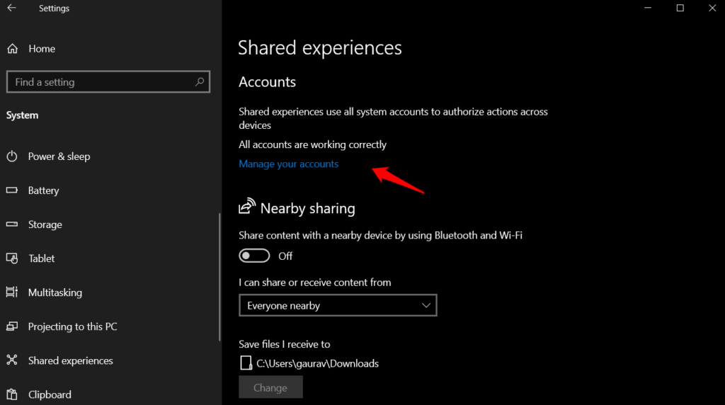 Shared experiences settings to fix Microsoft Your Phone app not working error