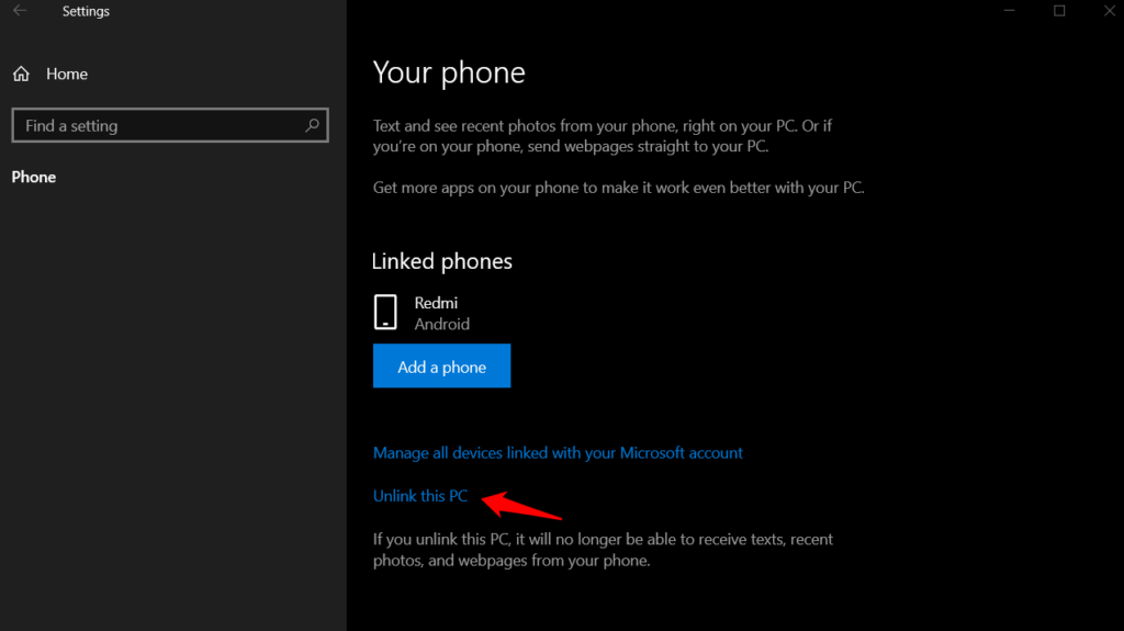 Unlink device in windows to fix Microsoft Your Phone app not working error