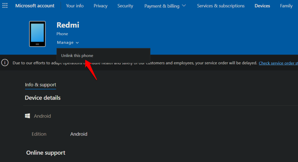 Unlink mobile from Microsoft account to fix Your Phone app not working error